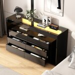 Hauss spole - commode 140�40�72cm, 6 tiroirs, led, buffet, meuble cuisine, rangement ouvert, noir