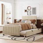 Lit adulte capitonné 90 x 190 cm, lit enfant avec lit gigogne, velours, sans matelas, beige Lit adulte capitonné 90 x 190 cm, lit enfant avec lit gigogne, velours, sans matelas, beige