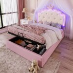 Lit coffre 140x200 cm, lit adulte / enfant rembourr, led, tte de lit en forme de couronne, sans matelas, ...