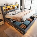 Hauss spole - lit coffre 180�200cm avec led, lit adulte, t�te de lit coffre, port usb, sommier � lattes ...