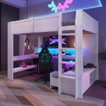 Lit enfant 140×200cm 2 personnes avec bureau et tiroir, lit mezzanine led, sommier à lattes, sans matelas, ... Lit enfant 140×200cm 2 personnes avec bureau et tiroir, lit mezzanine led, sommier à lattes, sans matelas, ...