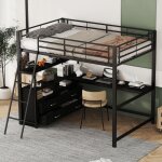 Lit mezzanine 140x200cm, lit enfant, lit � structure en fer, bureau en l avec tiroir, antichute, noir ...
