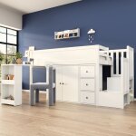 Lit mezzanine enfant 90x200, bureau gigogne + meuble de rangement + 3 tiroirs, escalier de rangement, ... Lit mezzanine enfant 90x200, bureau gigogne + meuble de rangement + 3 tiroirs, escalier de rangement, ...