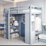 Lit mezzanine enfant en bois 90x200cm avec 3 �tag�res, 1 chariot � roulettes amovible + 1 armoire, sans ...