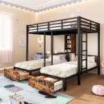 Lit superpos� enfant en m�tal 140x200cm + 90x200cm 3 places , avec 2 tiroirs et 4 �tag�res, sans matelas, ...