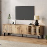 Hauss spole - meuble tv en bois grain� couleur naturelle, convient pour 70 pouces, 4 portes et 8 compartiments ...