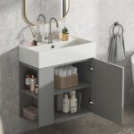 Hauss spole - meuble vasque simple 55 cm, coiffeuse suspendue avec rangement, agglomr, blanc + gris ...