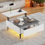 Hauss spole - table basse carre  led blanc, plateau relevable, 1 tiroir, table de salon chambre, mdf, ...