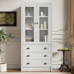 Vitrine gris, meuble de rangement, meuble haut cuisine salon, mdf, 80�34�171cm, 2 portes 3 tiroirs