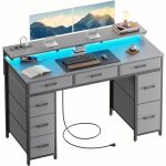 Hlonone - bureau gaming ergonomique - 8 tiroirs en tissu - 2 prises & 2 ports usb - gris - 120 x 50 cm ...