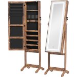 Homcom - armoire � bijoux sur pied multi - rangement avec miroir led mdf effet bois vieilli