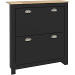 Homcom - armoire à chaussures 2 portes abattantes 2 compartiments poignées coquilles métal mdf noir chêne ... Homcom - armoire à chaussures 2 portes abattantes 2 compartiments poignées coquilles métal mdf noir chêne ...