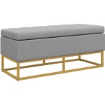Banc banquette coffre de rangement 2 en 1 pitement acier dor assise capitonne tissu gris