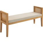 Banquette bout de lit style bohme chic - coussin beige inclus - cannage rotin bois