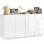 Homcom - buffet design contemporain blanc laqu plateau aspect bois clair - dim. 140l x 40l x 75h cm ...