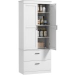 Buffet haut cuisine - 2 portes, 3 étagères, 2 tiroirs - poignées métal noir aspect bois blanc cassé Buffet haut cuisine - 2 portes, 3 étagères, 2 tiroirs - poignées métal noir aspect bois blanc cassé