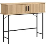 Console 2 portes coulissantes design naturel pi�tement acier noir effet bois clair