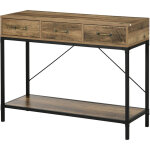 Console table d'appoint design industriel 3 tiroirs tagre acier noir panneaux particules aspect bois ...