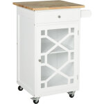 Desserte de cuisine à roulettes - tiroir, placard, porte - serviette - mdf blanc plateau bois hévéa Desserte de cuisine à roulettes - tiroir, placard, porte - serviette - mdf blanc plateau bois hévéa