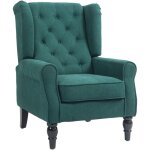 Fauteuil  oreilles style chesterfield dossier capitonn grand confort bois noir tissu vert