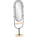 Homcom - miroir �tag�re design h. 175 cm - miroir sur pied - tablette, 4 pat�res - m�tal noir bois h�v�a ...