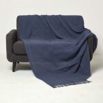 Homescapes - plaid bleu marine en coton kashi  franges, 255 x 360 cm