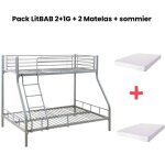 Homy france - pack lit superpos 3 places bab 2 + 1g 140 x190 et 90 x 190 cm gris + matelas + sommiers ...