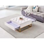 Homy france - table basse rangements tiroirs plateau velours capitonn� beige et pieds gold