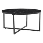 Homy france - table basse ronde lorie mtal noir plateau en verre marbr noir d90 cm
