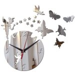 Horloge murale 3d effet miroir, motif fe et papillon, dcoration d'intrieur pour salon, chambre d'enfant, ...