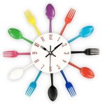 Horloge murale de cuisine, 3d amovibles, couverts cr�atifs modernes, cuill�re de cuisine, fourchette, ...