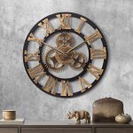 Horloge murale industrielle � engrenages dor�s et bois 58cm - pendule � quartz chiffres romains silencieuse ...