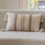 Housses boh�me coton - lin ray�es neutres 30, 5x50, 8 cm avec pampilles