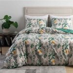 Housse de couette 240260cm motif feuilles beige vert parure de lit botanique fleurie en microfibre avec ...