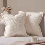 Housse de coussin 45x45 beige en velours c�tel� � rayures crois�s housse coussin canap� decoratif pour ...
