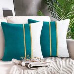 Housse de coussin 45x45 cm moderne lot de 2 coutures en cuir dor housses d'oreiller velours turquoise ...