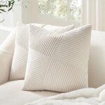 Housse de coussin 45x45 cm en velours c�tel� super doux cr�me blanc, housse coussin canape motif � rayures ...