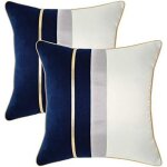 Housse de coussin 45x45 cm velours taies d'oreiller bleu marin blanc patchwork bande de cuir golden d�coratif ...