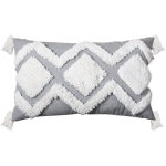 Housse de coussin boh�me tiss�e � franges, style gris / blanc, coton, (gris sur blanc, 30x50 cm)