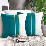 Housse de coussin moderne 45x45 cm, coutures en cuir dor�, velours turquoise, d�cor de luxe pour canap�, ...
