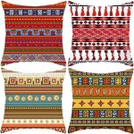 Housse de coussin  rayures rtro de style ethnique 45 cm x 45 cm, lot de 4 taies d'oreiller rouges 18 ...