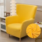 Housse fauteuil � oreilles 1 pi�ce, jaune, velours doux, amovible, lavable