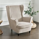 Housse de fauteuil  oreilles en velours lastique beige frais [22e12]