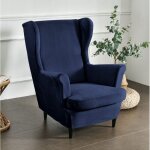 Housse de fauteuil  oreilles en velours lastique bleu marine [22e4]
