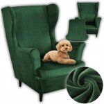 Housse de fauteuil à oreilles, velours élastique, xl, vert, assise universelle Housse de fauteuil à oreilles, velours élastique, xl, vert, assise universelle