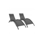 Lot de 2 transats de jardin inclinables en acier havane gris anthracite et toile grise avec coussin