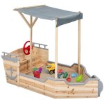 Bac � sable world bois bateau de pirate avec banc coffre et toit gris