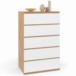 Chiffonnier 5 tiroirs tomi 60 cm commode semainier bois faon htre et blanc