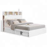 Idmarket - lit double clem avec t�te de lit, rangements et sommier 140 x 190 cm blanc