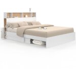 Idmarket - lit double clem avec rangements + t�te de lit et sommier 160 x 200 cm blanc et h�tre